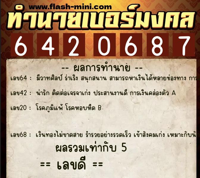 ทำนายเบอร์มงคล 0XX-6420687  ทำนายเบอร์มงคล หมายเลข 069-642068 