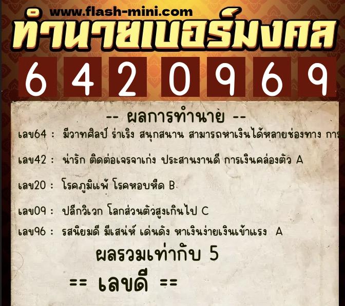 ทำนายเบอร์มงคล 0XX-6420969  ทำนายเบอร์มงคล หมายเลข 067-642096 