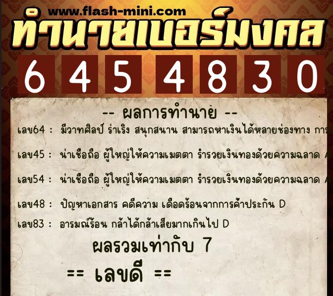 ทำนายเบอร์มงคล 0XX-6454830  ทำนายเบอร์มงคล หมายเลข 087-645483 