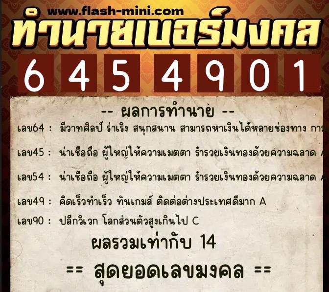 ทำนายเบอร์มงคล 0XX-6454901  ทำนายเบอร์มงคล หมายเลข 095-645490 