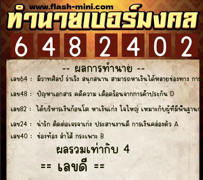 ทำนายเบอร์มงคล 0XX-6482402  ทำนายเบอร์มงคล หมายเลข 094-648240 