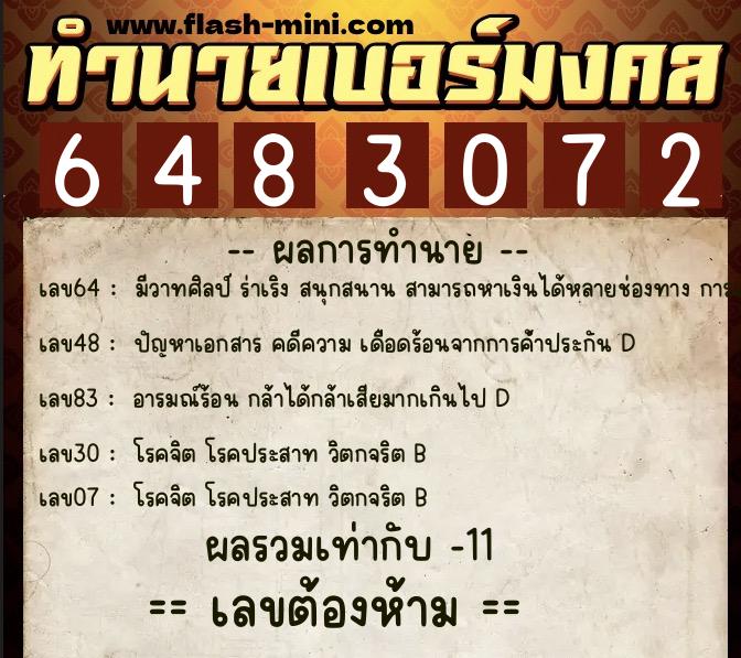ทำนายเบอร์มงคล 0XX-6483072  ทำนายเบอร์มงคล หมายเลข 068-648307 