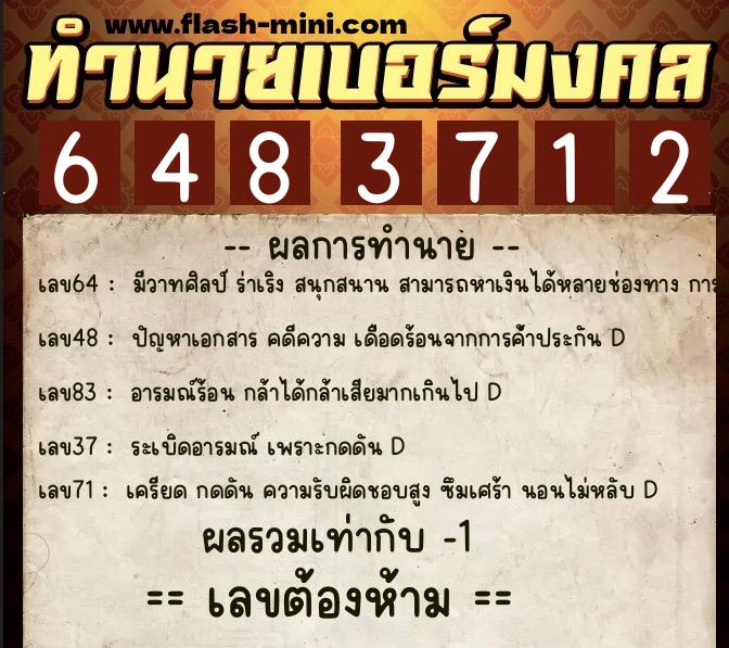 ทำนายเบอร์มงคล 0XX-6483712  ทำนายเบอร์มงคล หมายเลข 084-648371 