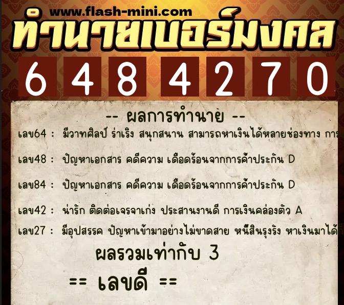 ทำนายเบอร์มงคล 0XX-6484270  ทำนายเบอร์มงคล หมายเลข 083-648427 