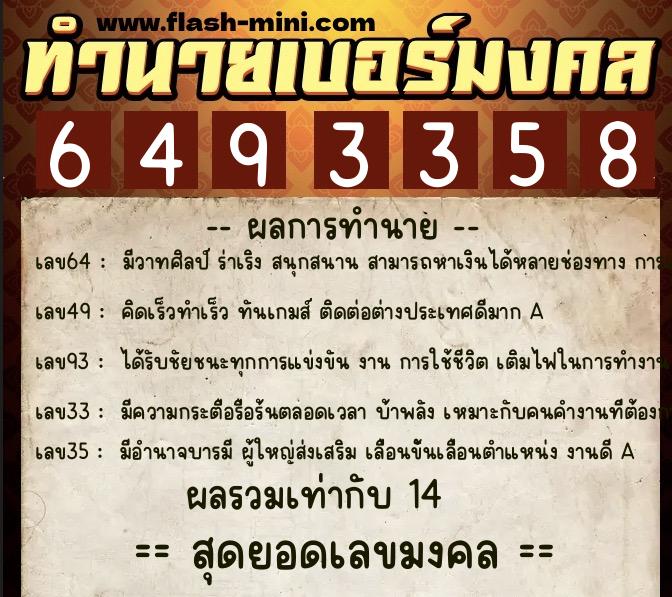 ทำนายเบอร์มงคล 0XX-6493358  ทำนายเบอร์มงคล หมายเลข 069-649335 