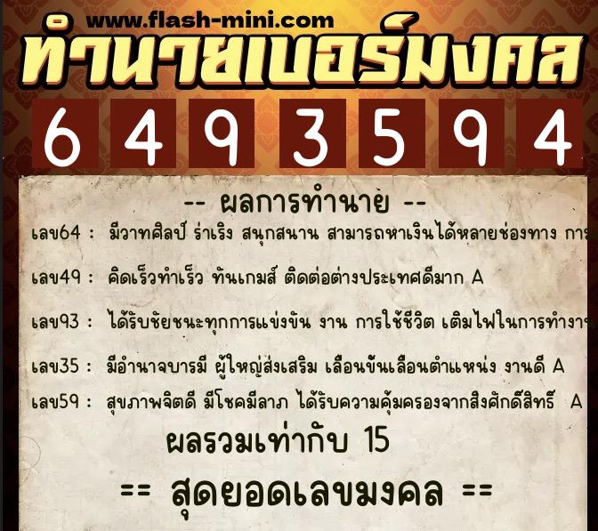 ทำนายเบอร์มงคล 0XX-6493594  ทำนายเบอร์มงคล หมายเลข 098-649359 