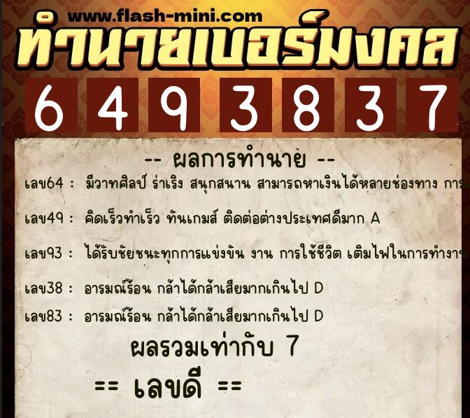 ทำนายเบอร์มงคล 0XX-6493837  ทำนายเบอร์มงคล หมายเลข 068-649383 