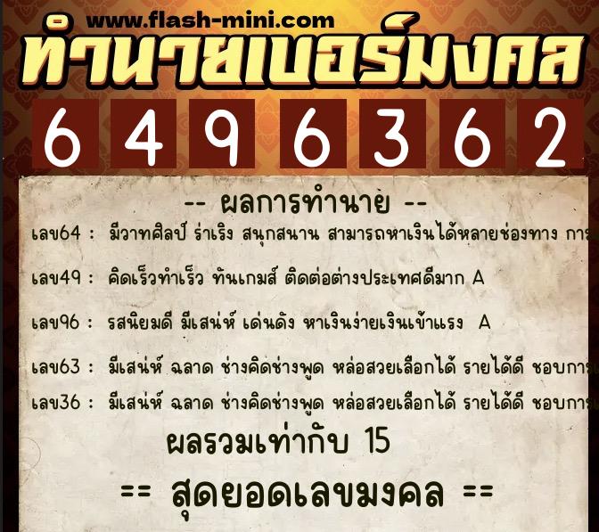 ทำนายเบอร์มงคล 0XX-6496362  ทำนายเบอร์มงคล หมายเลข 083-649636 