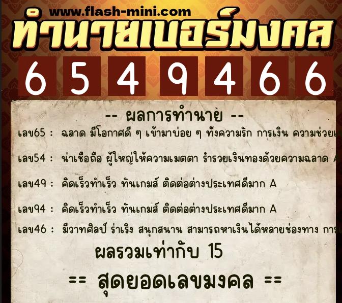 ทำนายเบอร์มงคล 0XX-6549466  ทำนายเบอร์มงคล หมายเลข 082-654946 