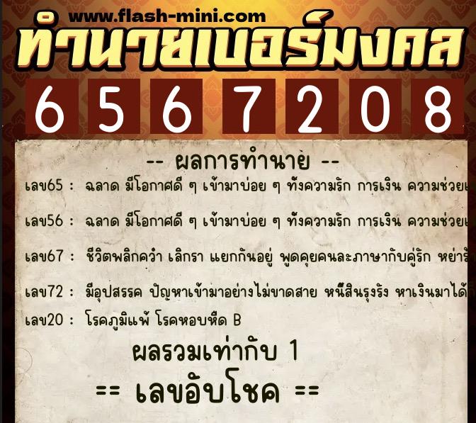 ทำนายเบอร์มงคล 0XX-6567208  ทำนายเบอร์มงคล หมายเลข 095-656720 