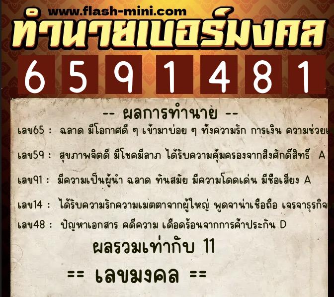 ทำนายเบอร์มงคล 0XX-6591481  ทำนายเบอร์มงคล หมายเลข 084-659148 