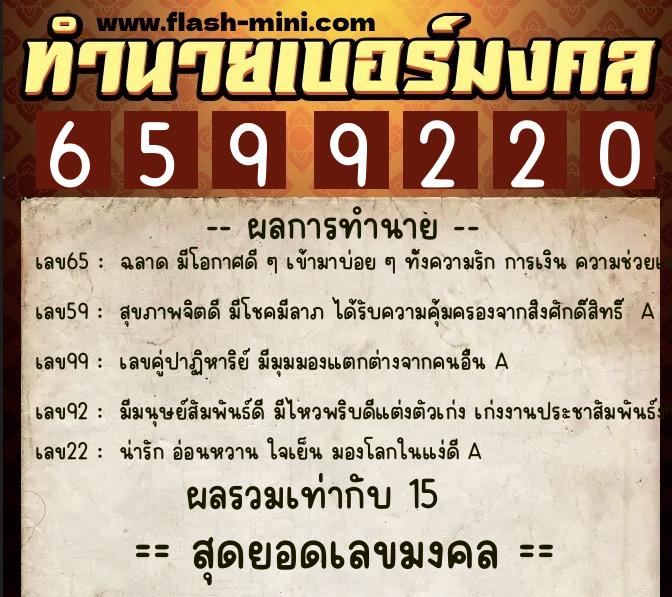 ทำนายเบอร์มงคล 0XX-6599220  ทำนายเบอร์มงคล หมายเลข 083-659922 