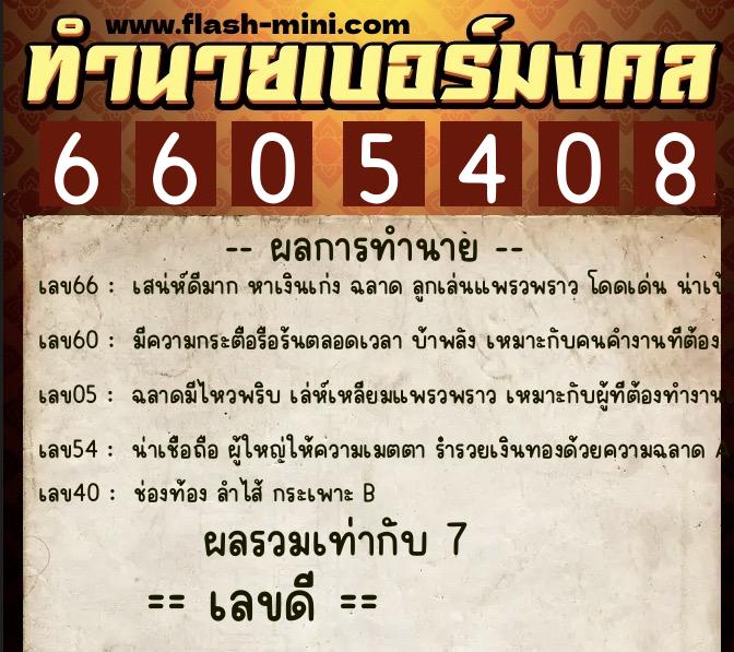 ทำนายเบอร์มงคล 0XX-6605408  ทำนายเบอร์มงคล หมายเลข 099-660540 