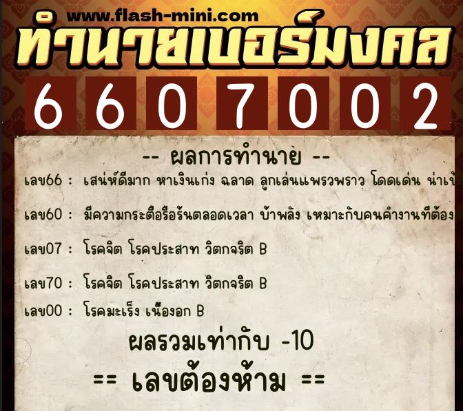 ทำนายเบอร์มงคล 0XX-6607002  ทำนายเบอร์มงคล หมายเลข 091-660700 