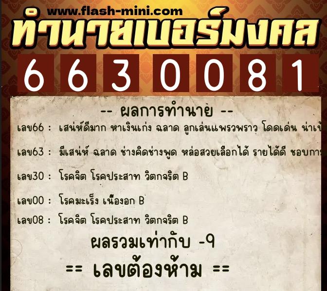 ทำนายเบอร์มงคล 0XX-6630081  ทำนายเบอร์มงคล หมายเลข 086-663008 