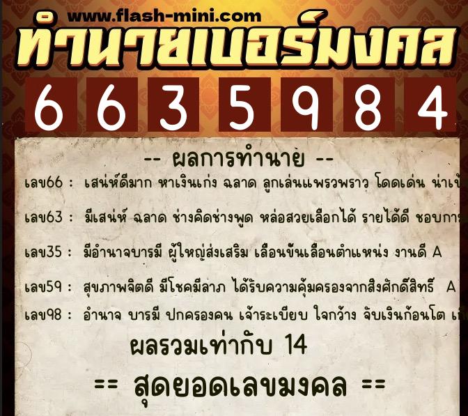 ทำนายเบอร์มงคล 0XX-6635984  ทำนายเบอร์มงคล หมายเลข 064-663598 