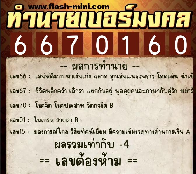 ทำนายเบอร์มงคล 0XX-6670160  ทำนายเบอร์มงคล หมายเลข 082-667016 