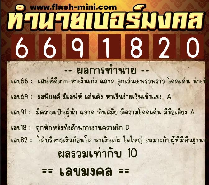 ทำนายเบอร์มงคล 0XX-6691820  ทำนายเบอร์มงคล หมายเลข 095-669182 