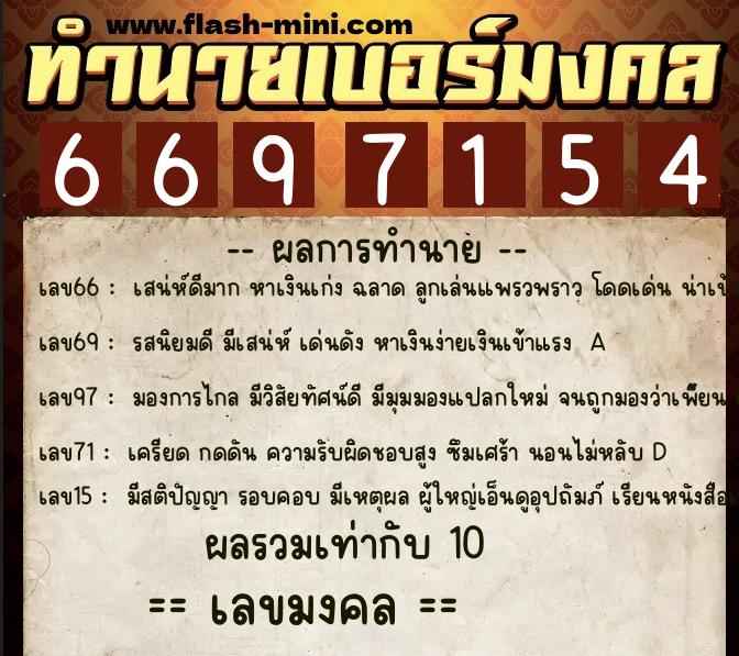ทำนายเบอร์มงคล 0XX-6697154  ทำนายเบอร์มงคล หมายเลข 068-669715 
