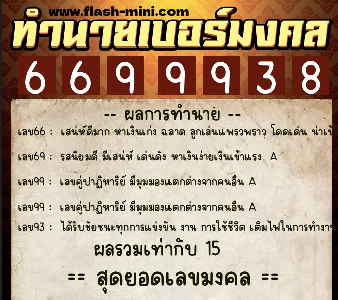 ทำนายเบอร์มงคล 0XX-6699938  ทำนายเบอร์มงคล หมายเลข 080-669993 