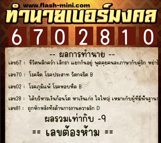 ทำนายเบอร์มงคล 0XX-6702810  ทำนายเบอร์มงคล หมายเลข 065-670281 