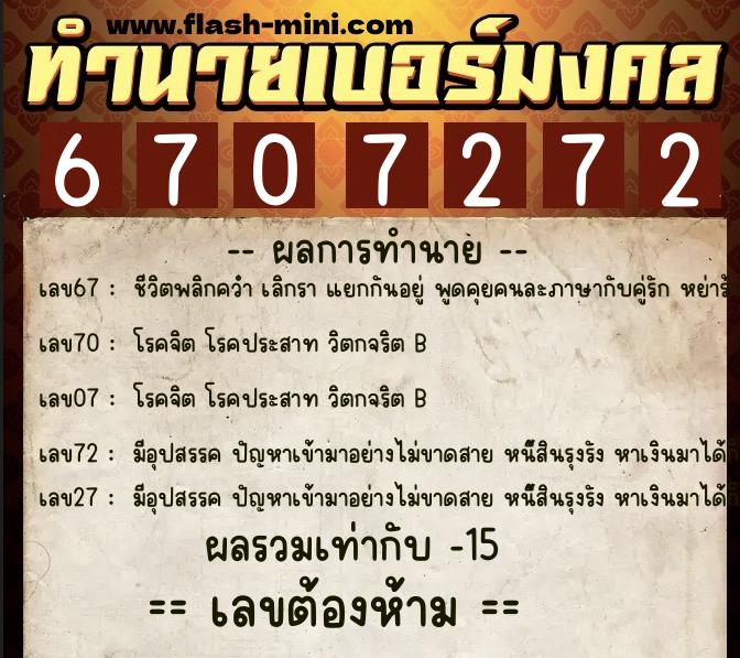 ทำนายเบอร์มงคล 0XX-6707272  ทำนายเบอร์มงคล หมายเลข 080-670727 