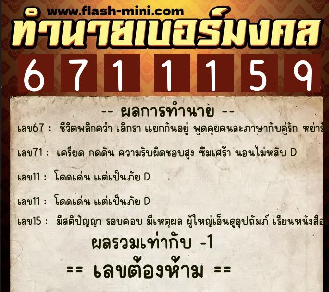ทำนายเบอร์มงคล 0XX-6711159  ทำนายเบอร์มงคล หมายเลข 088-671115 