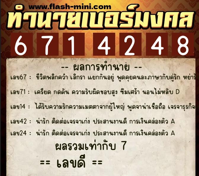 ทำนายเบอร์มงคล 0XX-6714248  ทำนายเบอร์มงคล หมายเลข 094-671424 