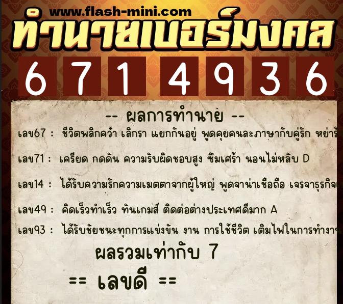 ทำนายเบอร์มงคล 0XX-6714936  ทำนายเบอร์มงคล หมายเลข 082-671493 
