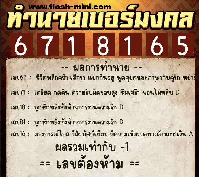 ทำนายเบอร์มงคล 0XX-6718165  ทำนายเบอร์มงคล หมายเลข 067-671816 