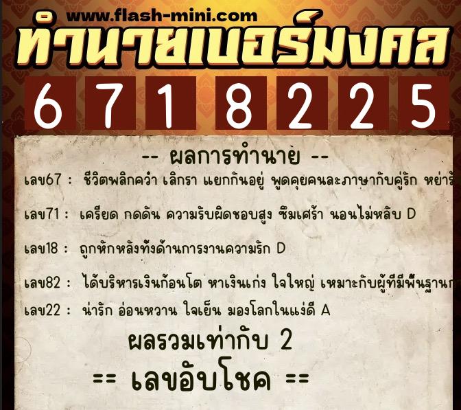 ทำนายเบอร์มงคล 0XX-6718225  ทำนายเบอร์มงคล หมายเลข 062-671822 