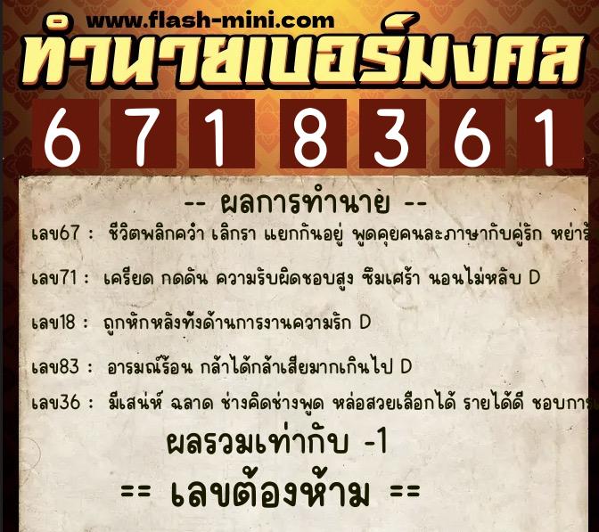 ทำนายเบอร์มงคล 0XX-6718361  ทำนายเบอร์มงคล หมายเลข 099-671836 