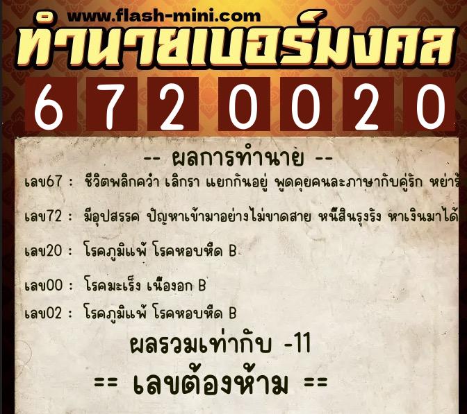 ทำนายเบอร์มงคล 0XX-6720020  ทำนายเบอร์มงคล หมายเลข 065-672002 