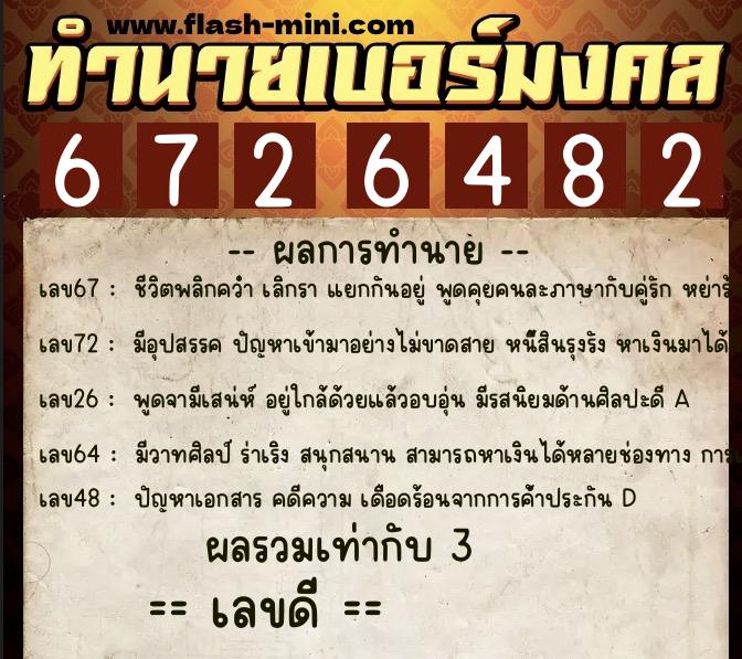 ทำนายเบอร์มงคล 0XX-6726482  ทำนายเบอร์มงคล หมายเลข 089-672648 