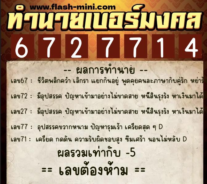 ทำนายเบอร์มงคล 0XX-6727714  ทำนายเบอร์มงคล หมายเลข 091-672771 