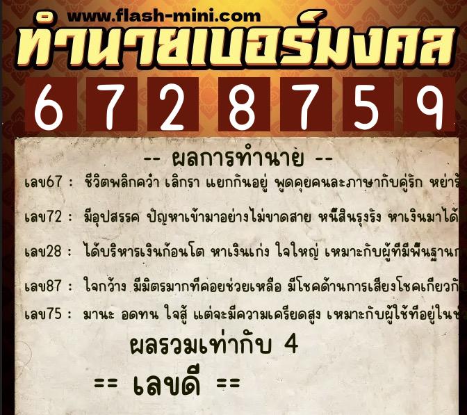 ทำนายเบอร์มงคล 0XX-6728759  ทำนายเบอร์มงคล หมายเลข 066-672875 