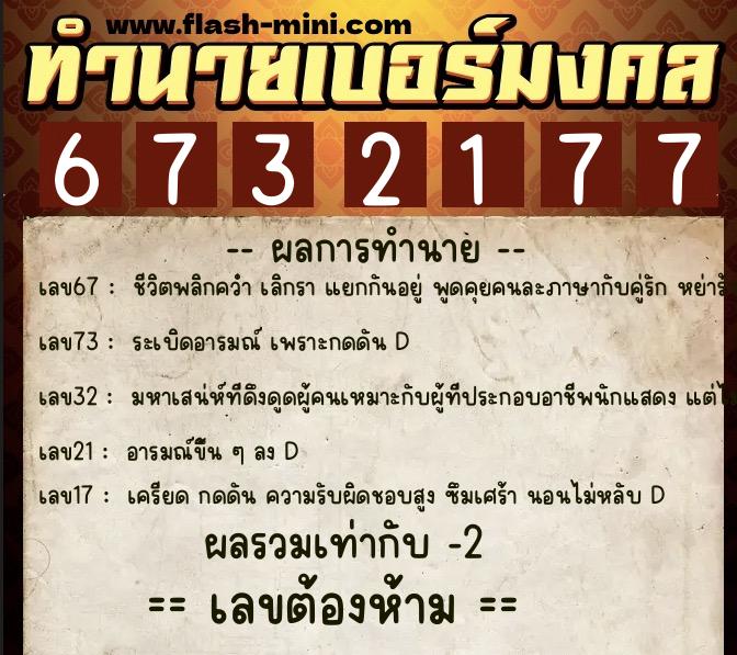 ทำนายเบอร์มงคล 0XX-6732177  ทำนายเบอร์มงคล หมายเลข 088-673217 