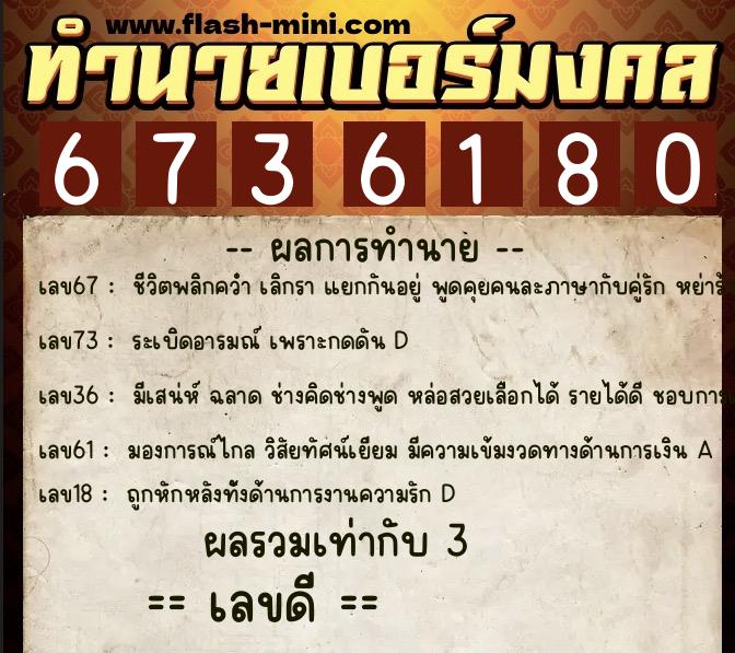 ทำนายเบอร์มงคล 0XX-6736180  ทำนายเบอร์มงคล หมายเลข 069-673618  ทำนายเบอร์มงคล 0XX-6736180  ทำนายเบอร์มงคล หมายเลข 069-673618