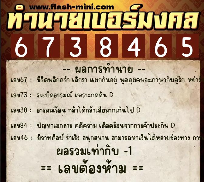 ทำนายเบอร์มงคล 0XX-6738465  ทำนายเบอร์มงคล หมายเลข 060-673846 