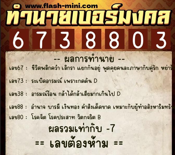 ทำนายเบอร์มงคล 0XX-6738803  ทำนายเบอร์มงคล หมายเลข 096-673880 