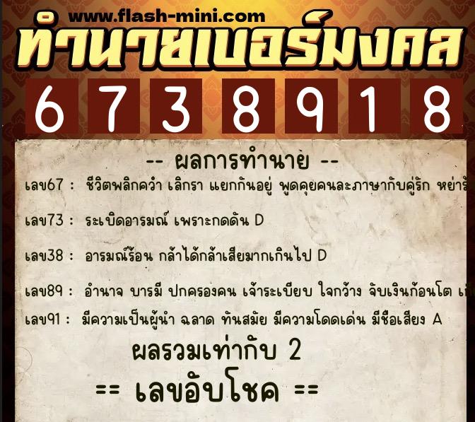 ทำนายเบอร์มงคล 0XX-6738918  ทำนายเบอร์มงคล หมายเลข 096-673891 