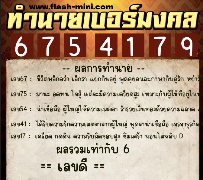 ทำนายเบอร์มงคล 0XX-6754179  ทำนายเบอร์มงคล หมายเลข 080-675417 