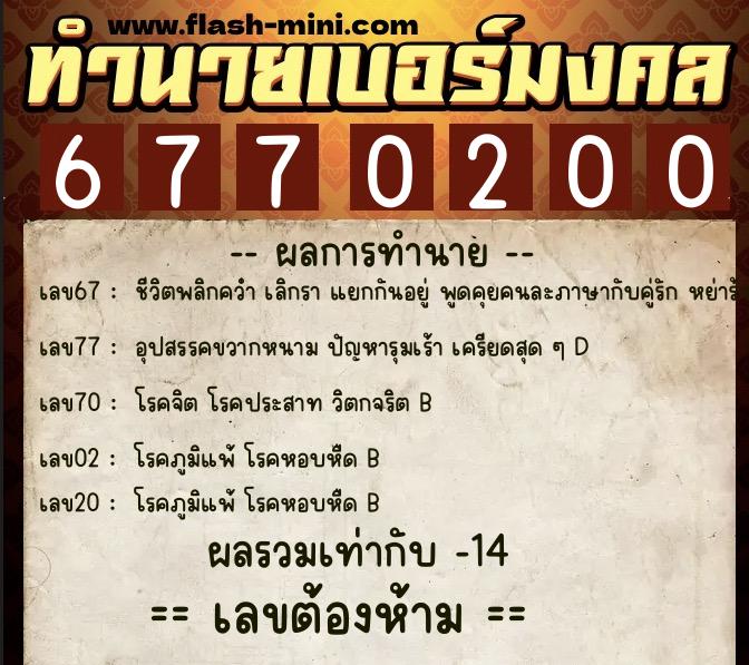 ทำนายเบอร์มงคล 0XX-6770200  ทำนายเบอร์มงคล หมายเลข 089-677020 