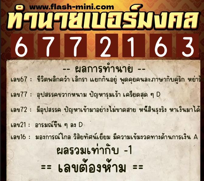 ทำนายเบอร์มงคล 0XX-6772163  ทำนายเบอร์มงคล หมายเลข 085-677216 