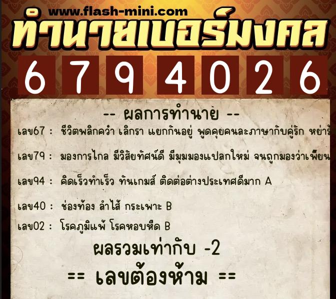 ทำนายเบอร์มงคล 0XX-6794026  ทำนายเบอร์มงคล หมายเลข 099-679402 
