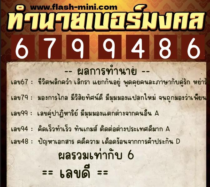 ทำนายเบอร์มงคล 0XX-6799486  ทำนายเบอร์มงคล หมายเลข 083-679948 