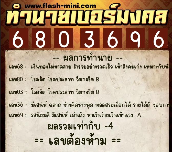 ทำนายเบอร์มงคล 0XX-6803696  ทำนายเบอร์มงคล หมายเลข 069-680369 