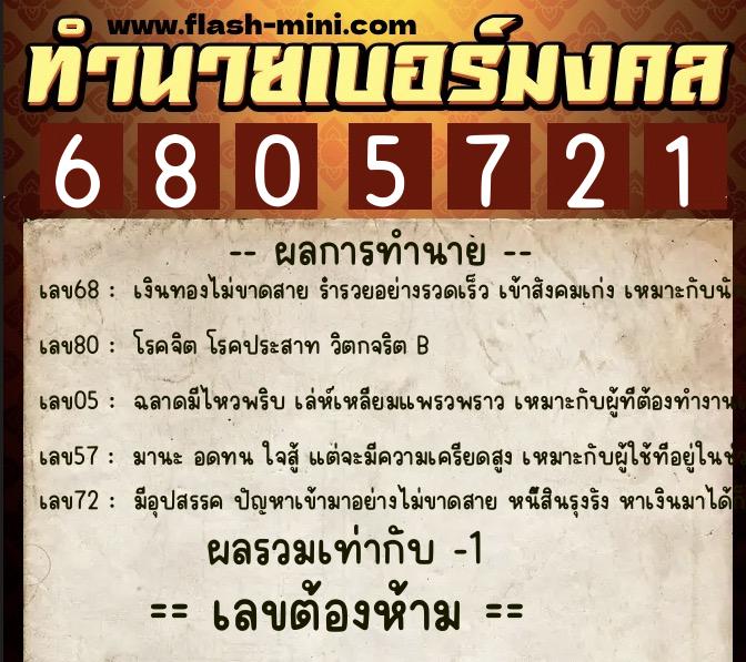 ทำนายเบอร์มงคล 0XX-6805721 ทำนายเบอร์มงคล หมายเลข 060-680572 ทำนายเบอร์มงคล 0XX-6805721 ทำนายเบอร์มงคล หมายเลข 060-680572