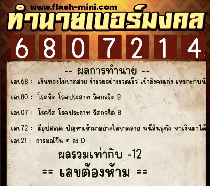 ทำนายเบอร์มงคล 0XX-6807214 ทำนายเบอร์มงคล หมายเลข 065-680721 ทำนายเบอร์มงคล 0XX-6807214 ทำนายเบอร์มงคล หมายเลข 065-680721