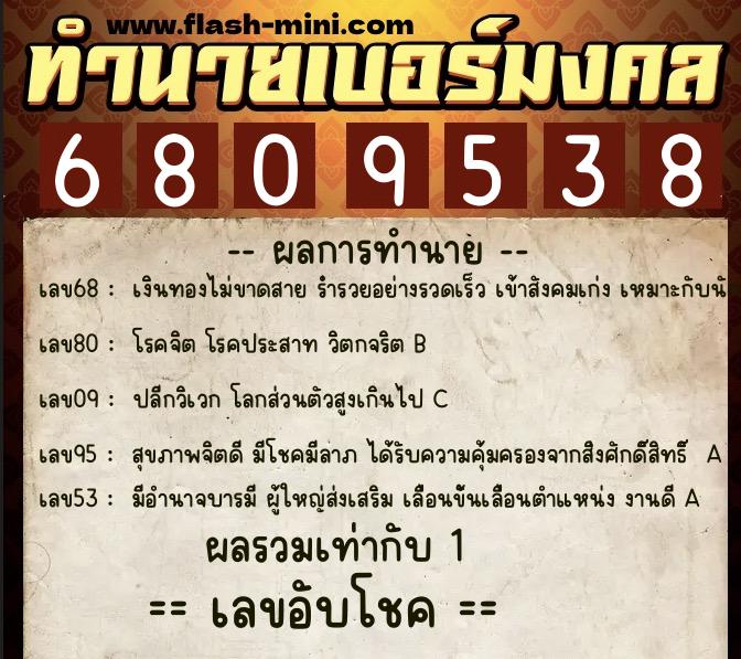 ทำนายเบอร์มงคล 0XX-6809538  ทำนายเบอร์มงคล หมายเลข 084-680953 